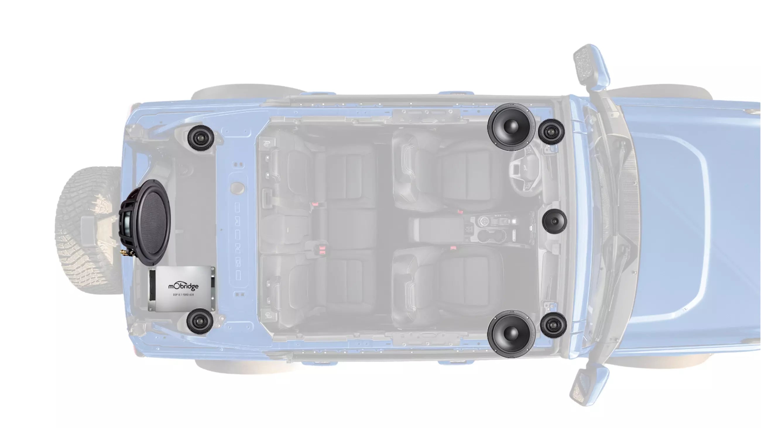 Morel IR-BRSYS4-A2B for 2021-2025 Ford Bronco (4 door B&O only) | Plug-n-play system with 7 Direct Fit speakers, PowerSlim 10" sub enclosure, A2B DSP amp