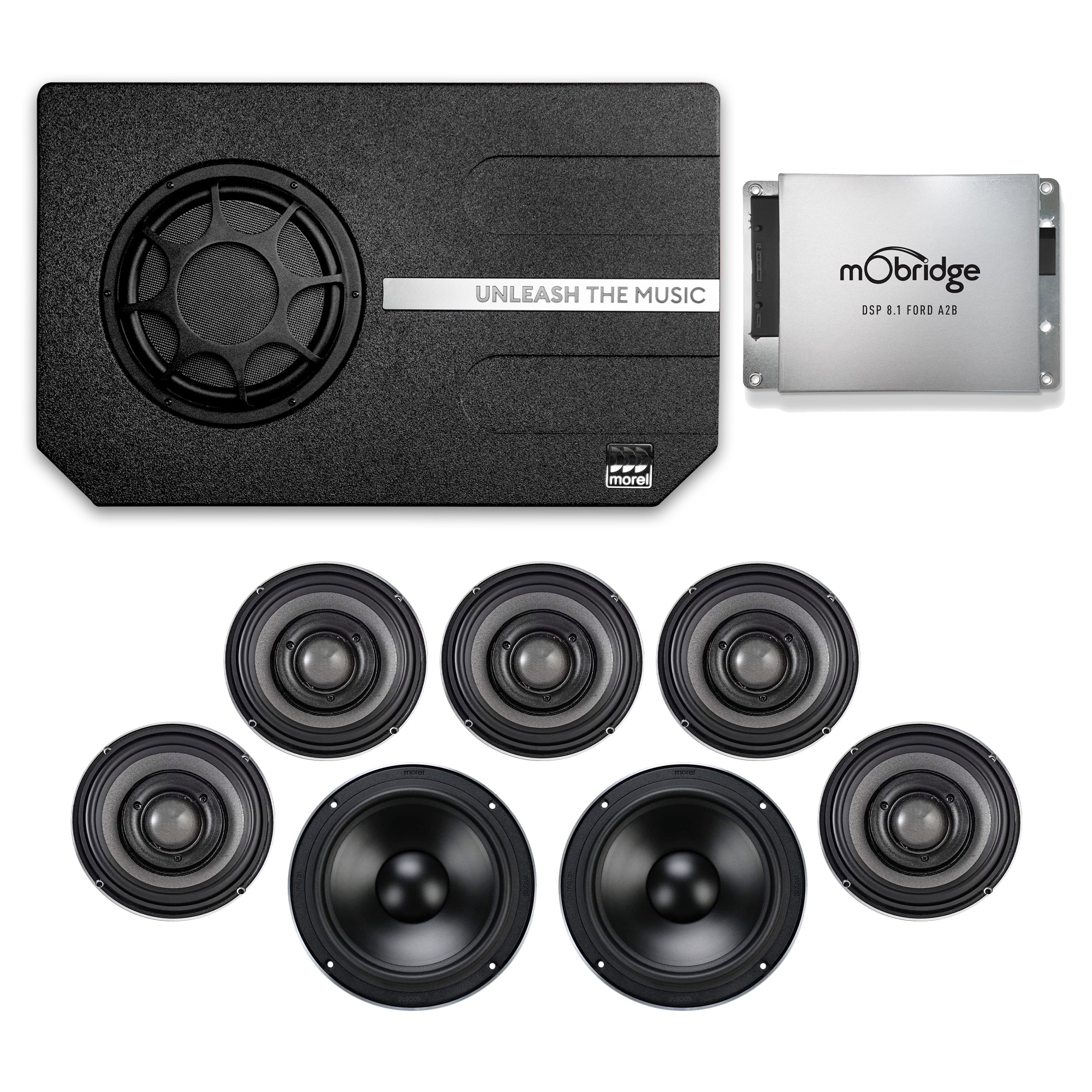 Morel IR-BRSYS4-A2B for 2021-2025 Ford Bronco (4 door B&O only) | Plug-n-play system with 7 Direct Fit speakers, PowerSlim 10" sub enclosure, A2B DSP amp